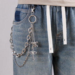 Cadena de pantalón estilo hip hop de doble capa con diseño de girasol, calavera y cruz, para uso diario, cadena de cintura de plata tibetana. - Product Image 2