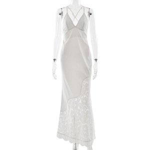 เดรสยาวสายเดี่ยวคอวีแต่งลูกไม้สไตล์ฝรั่งเศส ดีไซน์ไม่สมมาตร สำหรับผู้หญิง ชุดราตรี - Product Image 5