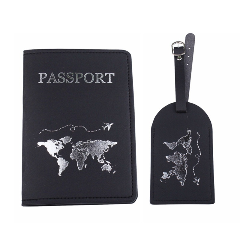Leather Passport Cover Holder and Luggage Tag Set With Worldwide Map Printing