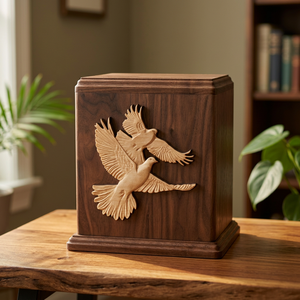 B.S. Urne funéraire internationale BS-106 de style américain pour adulte, écologique, durable, en bois massif, à poser sur table, personnalisable, avec oiseaux en vol - Product Image 1