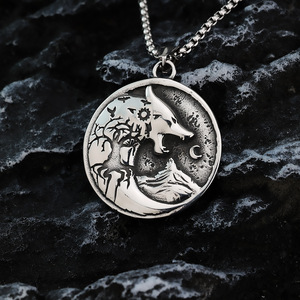 yunnique Viking Tree Of Life Wolf Totem <b>Titanium</b> Steel Pendant Necklace Unisex Jewelry Stainless Steel Animal Design Asymmetry - Product Image 3
