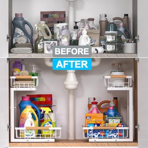 2-Tier <b>Under</b> Sink Organizer Height Adjustable Metal Pull Out Cabinet Organizer with Handle for Kitchen Bathroom - Product Image 2