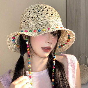 หมวกชาวประมงประดับลูกปัดโดปามีน หมวกปีกกว้างสำหรับผู้หญิง ป้องกันแสงแดด หมวกฟางสไตล์ Y2K หมวกชายหาดฤดูร้อน สีขาวงาช้าง - Product Image 4