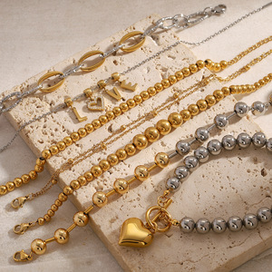 Beaded <b>Bracelet</b> Combination Stainless Steel <b>Ball</b> Chain Geometric Design Unisex Gift Jewelry - Product Image 3