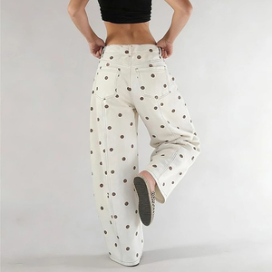 Jeans a Gamba Larga da <span class=keywords><strong>Donna</strong></span> in Cotone 100% con Motivo a Pois, Stile Boyfriend Y2K, Vita Alta, Casual, Collezione 2026 - Product Image 2