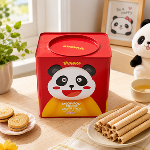 Custom Large Square Food Grade Tin Box With Twist Inner Lid, Cartoon Panda Printed Metal Tin For Cookie Wafer <b>Stick</b> Packing - Product Image 1