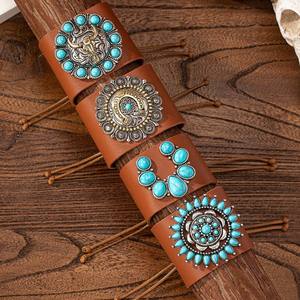 Brazalete de Aleación de Cobre Genuino con Turquesa, Estilo Vaquero Occidental Vintage, Cadena Ajustable Deslizante, Joyería Unisex para Fiestas - Product Image 1