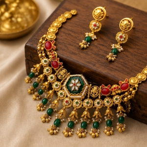 Elegant 925 <b>Silver</b> Temple Necklace and Earrings Set with Green Red Stones Traditional Indian Bridal Jewelry for Women - Product Image 2
