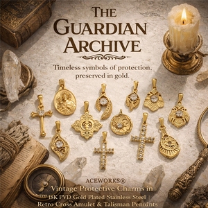 L'Archivée du Gardien |   Charmes protecteurs vintage en acier inoxydable plaqué or 18K PVD |   Pendentifs rétro en forme de croix, amulette et talisman - Product Image 1