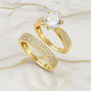 Bague de fiançailles classique pour femme H556 en cuivre plaqué or jaune avec diamants naturels taille brillant rond et pavé sur le côté - Product Image 2