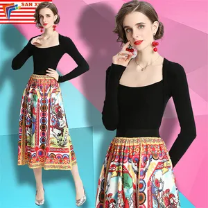 Spot 2024 new ladies clog wholesale Sicilian ancient Roman warrior casual printing half lady dresses + black knitted top suit