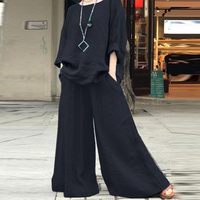 Haut à manches longues en mélange de coton et de lin confortable pour femmes d'automne et pantalon large à cordon de serrage décontracté ensemble 2 pièces à la mode