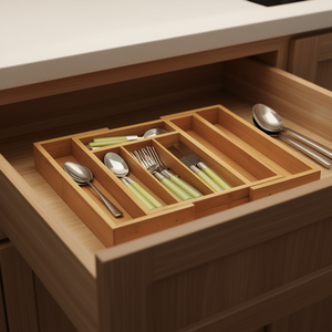 Plateau à couverts extensible en bambou, 5 compartiments, 28,5-40x33x5cm, organisateur de tiroir naturel - Product Image 3