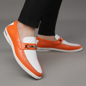 Mocassins en cuir orange pour hommes, bout rond, doublure en mesh, semelle EVA, respirants, à enfiler, chaussures décontractées d'automne - Product Image 2