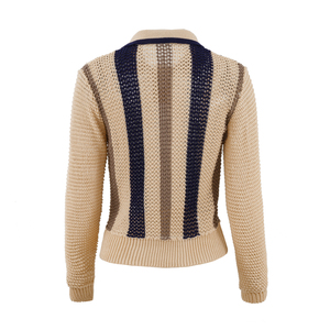 Factory Custom Women Knit Sweater <strong>Long</strong> <strong>Sleeve</strong> <strong>Polo</strong> Neck <strong>Ladies</strong> Knit Pullover Striped Jacquard Hollow-out Knit <strong>Polo</strong> <strong>Shirt</strong> - Product Image 3