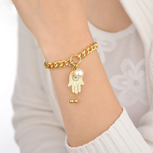 Türk Hamsa Fatima el Charms bilezik paslanmaz çelik 14K altın kaplama nazar inci charm kadınlar bilezik takı - Product Image 2