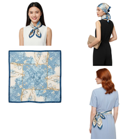 Syal Sutra Motif Teal Modern dan Cabang Bambu 90cm Persegi Satin Hijab Wanita Muslim untuk Ikat dan Lilit Bahu