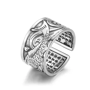 Anelli in argento retrò Thai con cuore Koi Sutra inciso anello Punk aperto portafortuna carpa anello regali da uomo