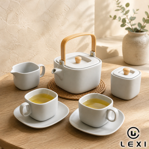 Set di <span class=keywords><strong>Tazze</strong></span> <span class=keywords><strong>da</strong></span> Tè in <span class=keywords><strong>Porcellana</strong></span> LEXI, Design Moderno e Minimalista Personalizzabile, Teiera con Manico in Bambù, Zuccheriera, Lattiera, <span class=keywords><strong>Tazze</strong></span> e Piattini per Casa, Cucina e Hotel - Product Image 1