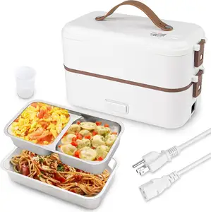 Stainless Steel Electric Portable Rice Cooker 2 Layers 800ML Heated Lunch Box for Home Office Camping Cook Food Warmer