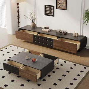 Mesa de Centro de Estilo Vintage con Mueble para TV a Juego, Superficie de Piedra Jade con Acabado Ecológico en Color Nogal Negro para Casa o Apartamento - Product Image 3