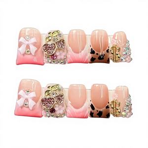 Lot de 10 <span class=keywords><strong>faux</strong></span> <span class=keywords><strong>ongles</strong></span> en forme d'amande, motif diamant, faits à la main, couvrance totale, réutilisables, avec <span class=keywords><strong>colle</strong></span> pour nail art - Product Image 2