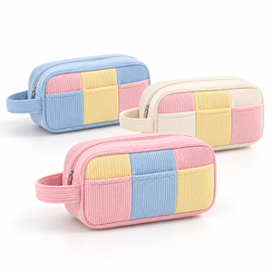 Cosmetiktas van corduroy met eigen logo, kleurblokken, draagbaar opbergtasje voor reizen met handvat voor vrouwen - Product Image 1
