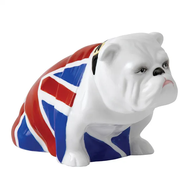 OEM Großhandel Custom Handmade Creative White Crafts Keramik Tier Frenchie Figur Französisch 007 Bulldogge mit England Flagge