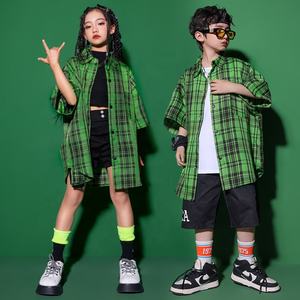 Tenues de rue pour enfants, vêtements hip-hop pour adolescents, chemise à carreaux verte surdimensionnée, shorts cargo pour fille et garçon, <span class=keywords><strong>costume</strong></span> de danse jazz - Product Image 4