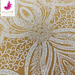 HY3163 Alta Calidad Trabajo Pesado <span class=keywords><strong>blanco</strong></span> 3D encaje largo con cuentas Boda nupcial con encaje vestido de lentejuelas nueva tela africana - Product Image 2