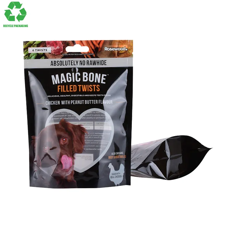 Reciclable 8Oz 120 micras Material PP negro sellado térmico Flexible laminado impreso comida para perros bolsas de embalaje de pie