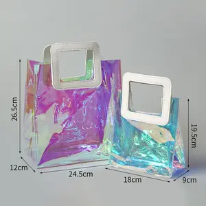 Custom logo laser holographic iridescent PVC beach hair package shopping tote bag with PU leather handle