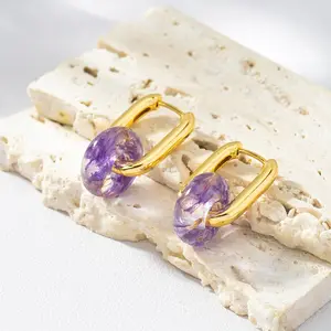 Hand-made Glazed Donut Earrings Transparent Detachable Niche Temperament Purple Dried Flower Simple Crystal Fashion
