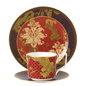 Design personalizzato cinese drago e fenice tazze e piattini stoviglie di lusso stile europeo piatto in ceramica Set di stoviglie