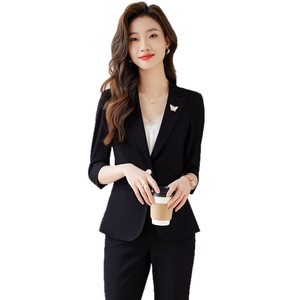 Women's Black Three Quarter Sleeve <b>Blazer</b> Suit <b>Set</b> Polyester Breathable Workwear Professional Pants Suit - Product Image 5