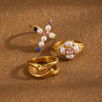 Ensemble de bagues WY en acier inoxydable plaqué or véritable avec imitation perle et zircon, design torsadé rétro sculpté, empilables