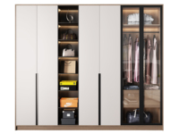 Approvisionnement en gros : Armoire dressing sur mesure haut de gamme pour toute la maison, style moderne et minimaliste, avec portes vitrées, étagères ouvertes, canapé confortable et éclairage abondant