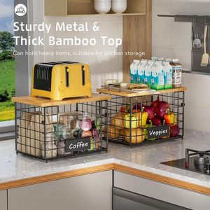 ที่ใส่ถุงขยะ2แพ็คตะกร้าลวดซ้อนได้พร้อมฝาไม้ไผ่สำหรับผู้จัดครัวและจัดเก็บ - Product Image 2