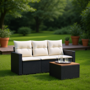 Ensemble de canapés de jardin en rotin blanc crème et noir, 3 places, mobilier d'extérieur, design contemporain - Product Image 3