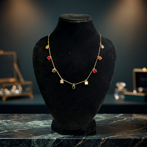 Collier chaîne de luxe multicolore avec breloques pendantes en pierres précieuses et serti arc-en-ciel pour femme - Product Image 1