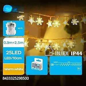 Ghirlanda di luci LED a forma di stella e fiocco di neve, batterie 3AA, 2,5 m, bianco caldo; ideale per decorare eventi e - Product Image 1