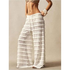 Pantalon en dentelle crochetée pour femme, à volants superposés, taille élastique, en maille, coupe ample, 100 % coton tricoté respirant, idéal comme cache-maillot de plage - Product Image 3