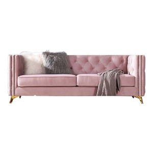 Juego de Sofás Acolchados de Terciopelo para Sala de Estar, Estilo Rústico Moderno, Sofá Chesterfield Rosa, Muebles para Sala de Estar, 3 Conjuntos - Product Image 1