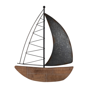 Decorazione Murale Nautica in Metallo, Design Barca a Vela, in Ferro e Legno, Arredo Costiero, 19 Pollici, Marrone - Product Image 1