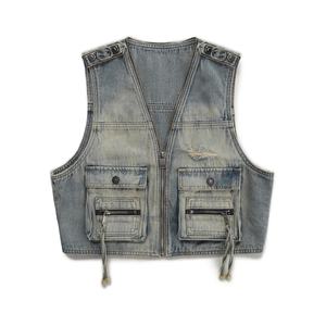 Chaleco vaquero sin mangas para hombre, estilo cargo, con bolsillos, lavado degradado, corte ajustado, para trabajo, venta al por mayor - Product Image 3