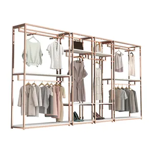 Loja De Varejo Custom Lady Shop Design Display Racks Roupas Lojas De Vestuário Stands De Exibição De Vestido Rose Gold Clothes Rack