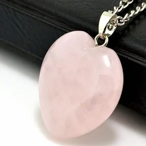 Collier avec pendentif en cristal naturel Rose, bijoux de guérison, en pierre précieuse, Quartz Rose, cœur, vente en gros, livraison gratuite