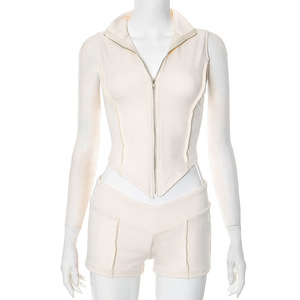 Women's Spring and Summer Zipper Lapel Sleeveless Line Navel Top High Waisted Fitted <b>Shorts</b> Casual 2-piece Set Fashion - Product Image 6