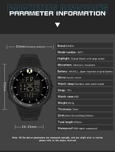 Montre numérique SANDA 6071 pour hommes, montres de sport, montre électronique LED pour hommes, montre-bracelet pour hommes, montre-bracelet étanche - Product Image 4