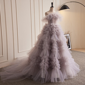 Ethereal Light Wedding Dress Strapless Ball Gown Tulle Natural Waistline Red Bean Paste Powder Color Vintage Style - Product Image 3